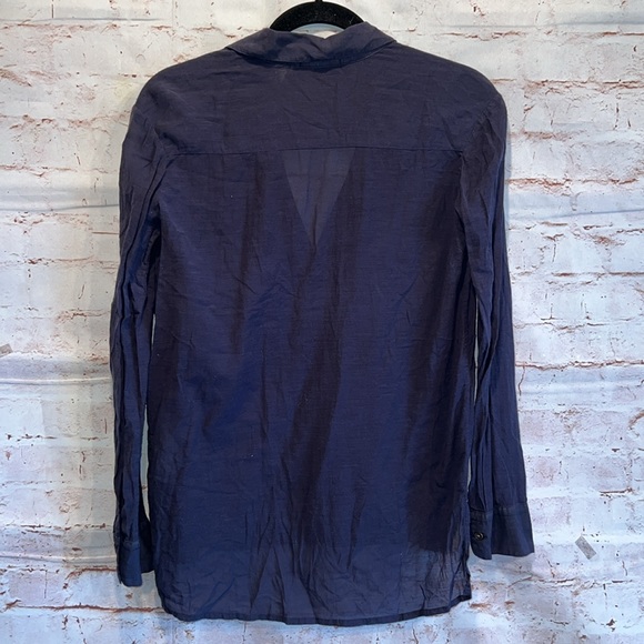 James Perse Shirt Womens 0 Navy Blue Collard Side Split Hem V Neck Blouse Flowy - Picture 5 of 9